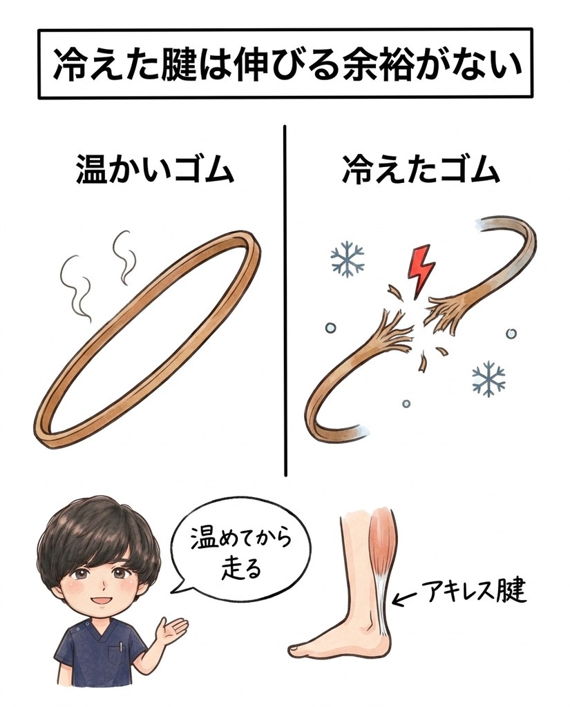 春日井市のBTG接骨院・整骨院春日井院による、冷えた腱は輪ゴムのように伸びる余裕が減りアキレス腱に負担がかかることの図解イラスト
