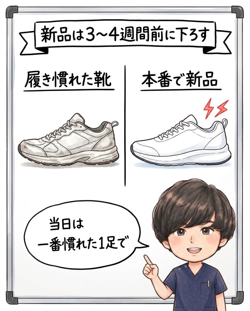春日井市のBTG接骨院・整骨院春日井院による、マラソン本番で新しいシューズを下ろすと足に負担がかかることの図解イラスト