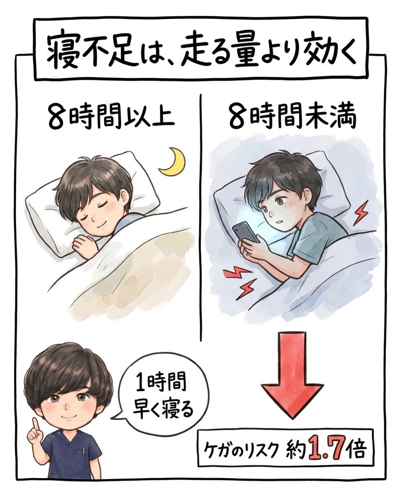 春日井市のBTG接骨院・整骨院春日井院による、睡眠8時間未満でスポーツのケガのリスクが高まることの図解イラスト
