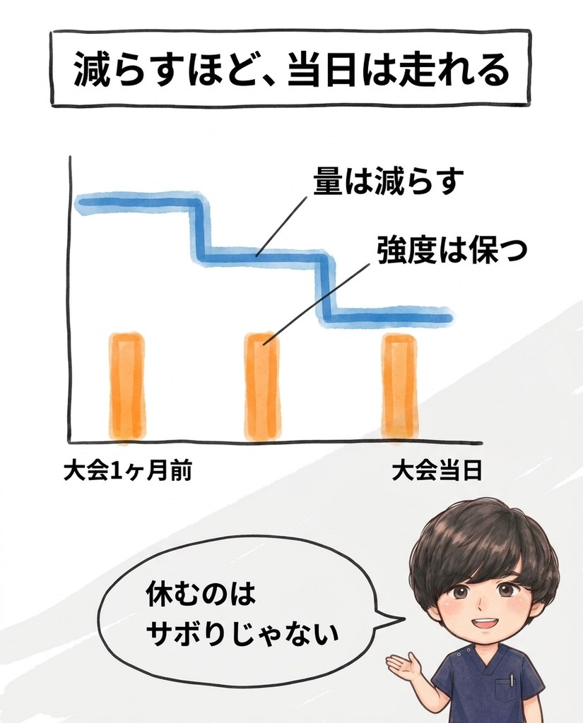 春日井市のBTG接骨院・整骨院春日井院による、マラソン大会前に練習量を減らし強度を保つテーパリングの図解イラスト